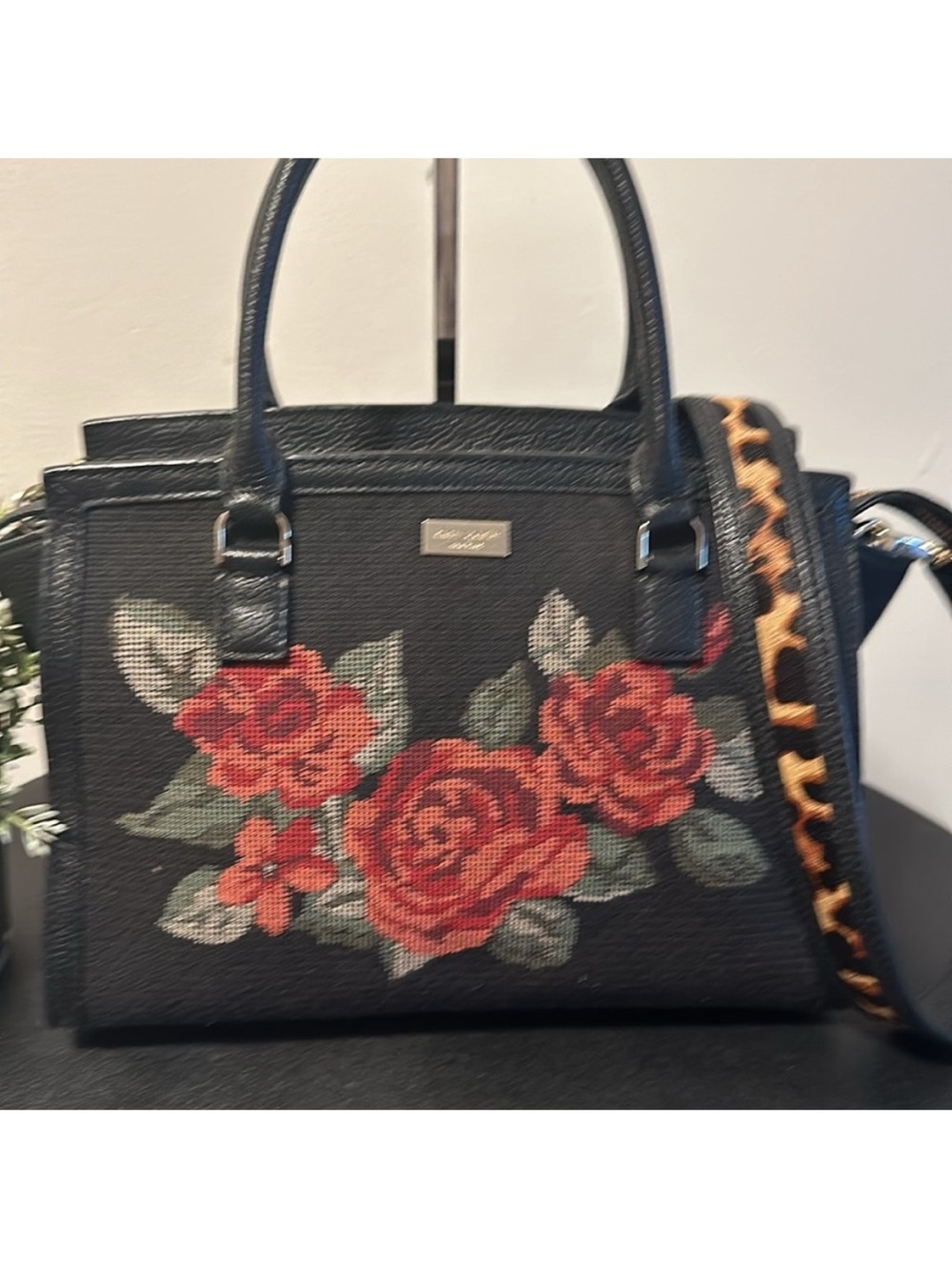 Kate Spade Floral Embroidered Black Satchel Bag
